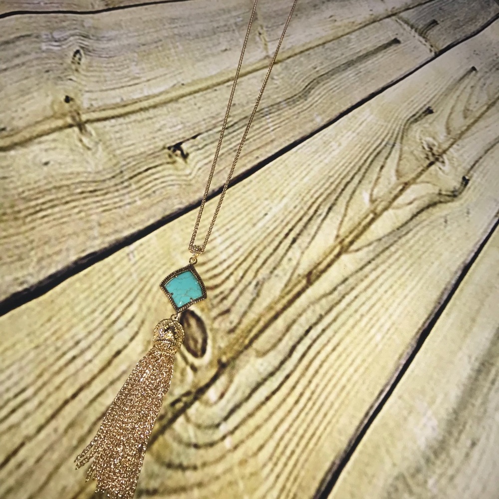 Gold Color Necklace w/ Turquoise Stone and. Tassel